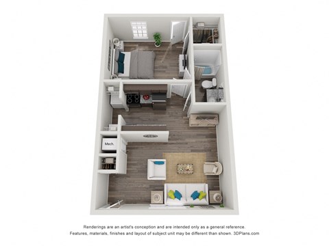 Floor plan for 1 bed, 1 bath, 640 sqft